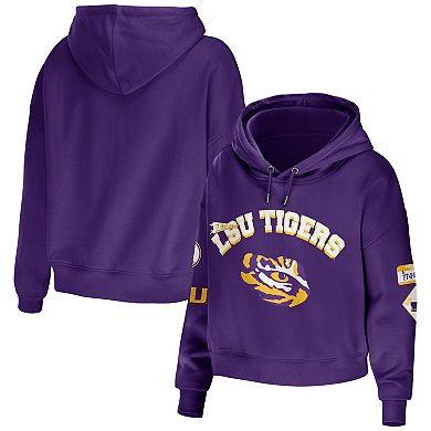 Women's WEAR by Erin Andrews Purple LSU Tigers Mixed Media Cropped Pullover Hoodie