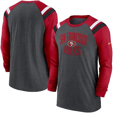 Men's Nike Heathered Charcoal/Scarlet San Francisco 49ers Tri-Blend Raglan Athletic Long Sleeve Fashion T-Shirt