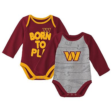 Newborn & Infant Burgundy/Heathered Gray Washington Commanders Born To Win Two-Pack Long Sleeve Bodysuit Set