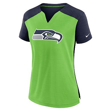 Women's Nike Neon Green/College Navy Seattle Seahawks Impact Exceed Performance Notch Neck T-Shirt