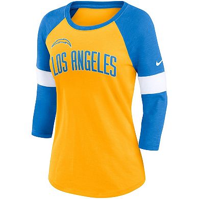 Women's Nike Los Angeles Chargers Heathered Gold/Heathered Powder Blue Football Pride Slub 3/4 Raglan Sleeve T-Shirt