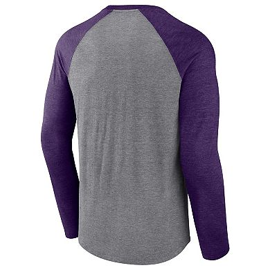 Men's Fanatics Branded Heathered Gray/Heathered Purple Baltimore Ravens Weekend Casual Raglan Long Sleeve T-Shirt