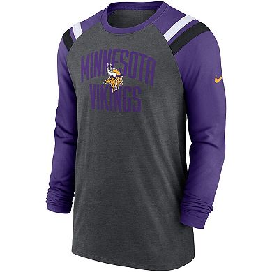 Men's Nike Heathered Charcoal/Purple Minnesota Vikings Tri-Blend Raglan Athletic Long Sleeve Fashion T-Shirt
