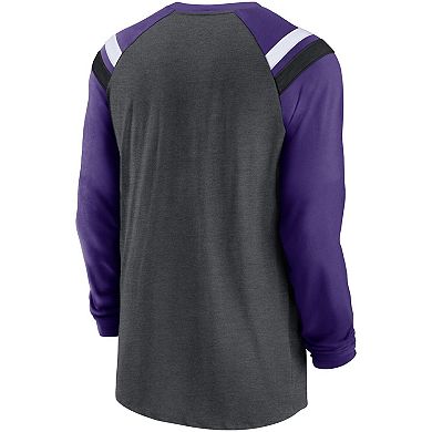 Men's Nike Heathered Charcoal/Purple Minnesota Vikings Tri-Blend Raglan Athletic Long Sleeve Fashion T-Shirt