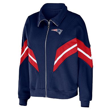 Women's WEAR by Erin Andrews Navy New England Patriots Plus Size Yarn Dye Stripe Full-Zip Jacket