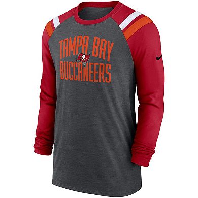 Men's Nike Heathered Charcoal/Red Tampa Bay Buccaneers Tri-Blend Raglan Athletic Long Sleeve Fashion T-Shirt