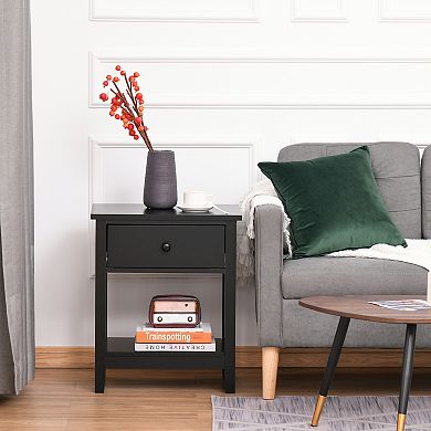 Freestanding Wooden Side Nightstand With Storage Drawer And Bottom Shelf, Black