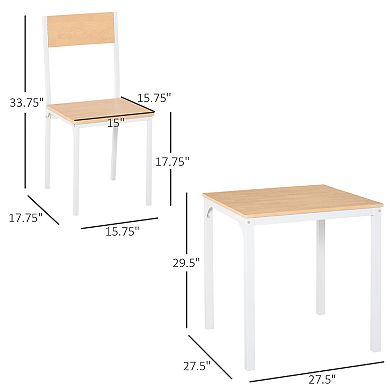 HOMCOM 3 Piece Wooden Square Dining Table Set with 1 Table and 2 Chairs and Sturdy Metal Frame for Small Space White