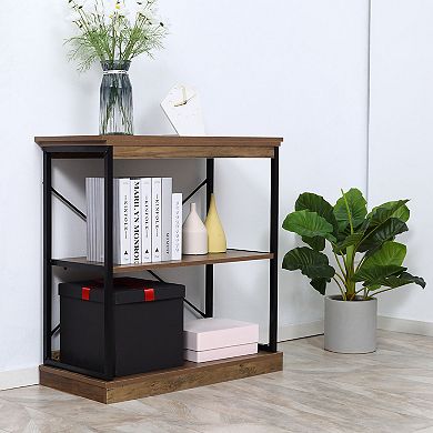 2-tier Industrial Shelf Bookcase W/ Steel Frame, Open Shelves, Brown, Black