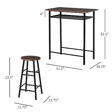 HOMCOM Bar Table Set 3 Piece Counter Height Table Chair Set with 1 Table 2 Matching Stools Storage Shelf and Metal Frame Footrest White