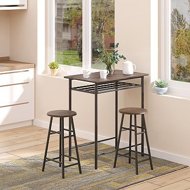 HOMCOM Bar Table Set 3 Piece Counter Height Table Chair Set with 1 Table 2 Matching Stools Storage Shelf and Metal Frame Footrest White