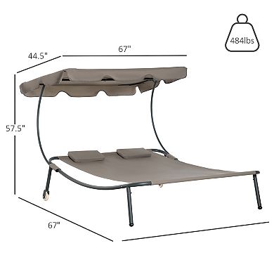 Outsunny Patio Double Chaise Lounge Chair, Outdoor Wheeled Hammock Daybed with Adjustable Canopy and Pillow for Sun Room, Garden, or Poolside, Grey