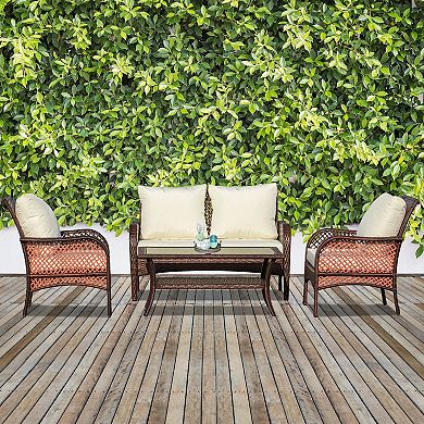 Outsunny 4 Piece Outdoor Wicker Sofa Set Outdoor PE Rattan Conversation Furniture with 4 Chairs and Table Water Fighting Material White