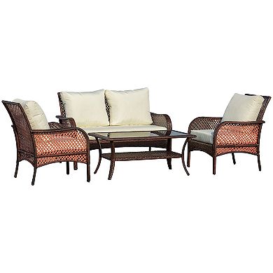 Outsunny 4 Piece Outdoor Wicker Sofa Set Outdoor PE Rattan Conversation Furniture with 4 Chairs and Table Water Fighting Material White
