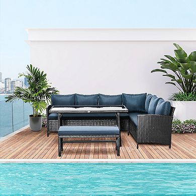 Outsunny 4 Piece Modern Outdoor Rattan Wicker Furniture Set with Dining Table Bench & Sofa for Patio & Backyard Dark Coffee…