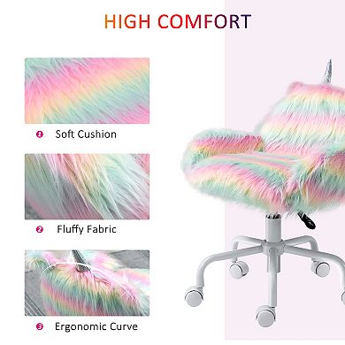HOMCOM Fluffy Unicorn Office Chair with Mid Back and Armrest Support 5 Star Swivel Wheel White Base Rainbow