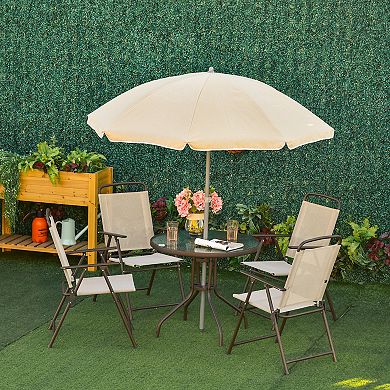 6 Piece Patio Dining Set With Umbrella, 4 Folding Chairs & Glass Table