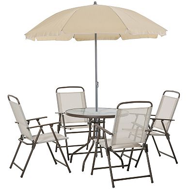 6 Piece Patio Dining Set With Umbrella, 4 Folding Chairs & Glass Table