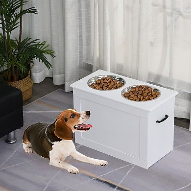 PawHut Raised Pet Feeding Storage Station with 2 Stainless Steel Bowls Base for Large Dogs and Other Large Pets White