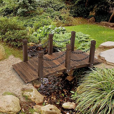 Wooden Garden Bridge Arc Stained Finish Walkway With Metal Chain Railings