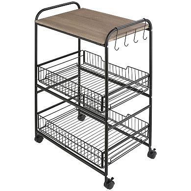 HOMCOM 24" 3 Tier Rolling Kitchen Cart Utility Storage Trolley with 2 Basket Drawers Side Hooks for Dining Room Walnut Wood Tone