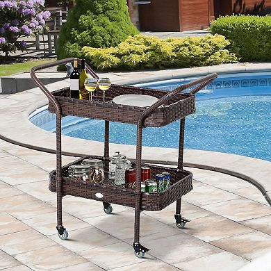 Outsunny Rattan Wicker Serving Cart with 2 Tier Open Shelf Outdoor Wheeled Bar Cart with Brakes for Poolside Garden Patio