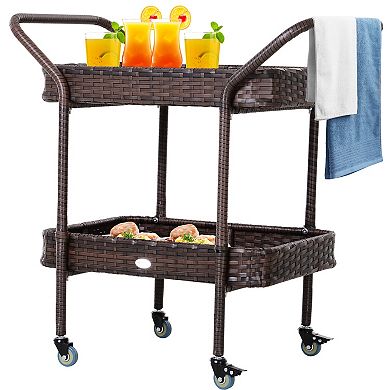 Outsunny Rattan Wicker Serving Cart with 2 Tier Open Shelf Outdoor Wheeled Bar Cart with Brakes for Poolside Garden Patio