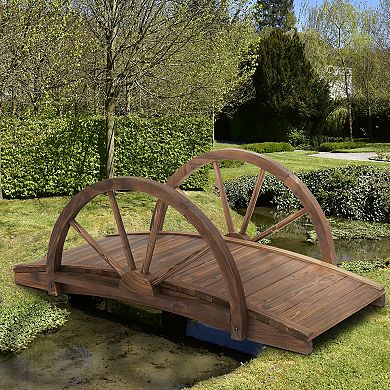 3.3ft Wooden Garden Bridge Arc Stained Finish Walkway With Half Wheeled Railings
