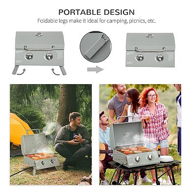 2 Burner Folding Tabletop Gas Bbq Grill W/ Lid, Thermometer, Carbon Steel, Grey