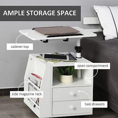 Wooden Modern Side Laptop Table With Open Storage Shelf, And Lockable Wheels