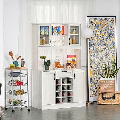 HOMCOM Kitchen Buffet with Hutch Cupboard with Utility Drawer 4 Door Cabinets  and Optional 12 Bottle Wine Storage White