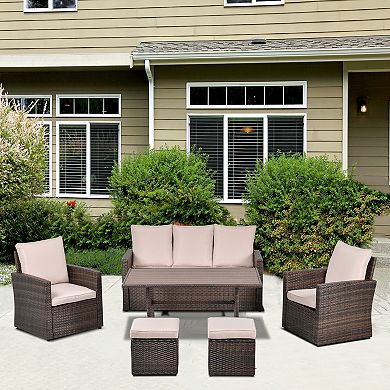 Outsunny 6 PCS Patio Dining Set All Weather Rattan Wicker Furniture Set with Wood Grain Top Table and Soft Cushions Beige