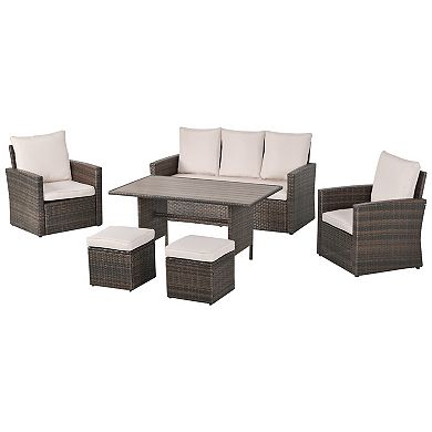Outsunny 6 PCS Patio Dining Set All Weather Rattan Wicker Furniture Set with Wood Grain Top Table and Soft Cushions Beige