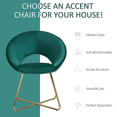 HOMCOM Modern Accent Velvet Chair Open Curved Mid Back Upholstered Vanity Chair with Gold Plating Metal Legs for Living Room/Office/Reception Grey