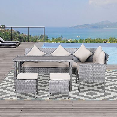 Outsunny 5 Piece Patio PE Rattan Dining Set Modern Outdoor Wicker Conversation Furniture Sets w/ Wood Grain Plastic Table Top and Padded Cushions Beige