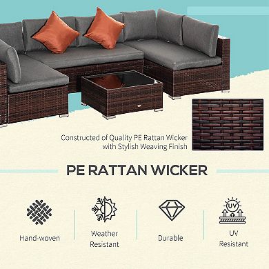 Outsunny 4-Piece Patio Furniture Sets Outdoor Wicker Conversation Set PE Rattan Sectional sofa set with Tempered Glass Coffee Table and Cushions for Backyard and Garden, Grey