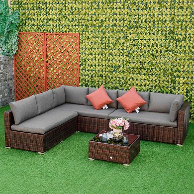 Outsunny 4-Piece Patio Furniture Sets Outdoor Wicker Conversation Set PE Rattan Sectional sofa set with Tempered Glass Coffee Table and Cushions for Backyard and Garden, Grey