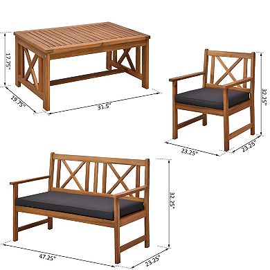4-piece Acacia Wood Backyard Conversation Chat Seating Set W/ Cushions Teak/grey