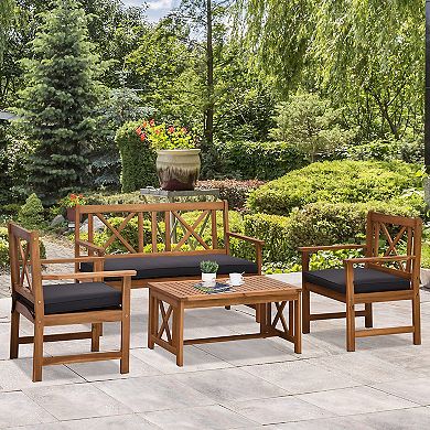 4-piece Acacia Wood Backyard Conversation Chat Seating Set W/ Cushions Teak/grey