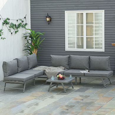 3pc Outdoor Convertible Sofas W/ Table, Throw Pillows, Cushions, Grey