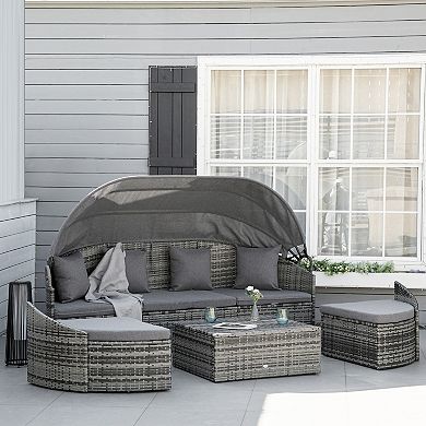 Outsunny 4 Pieces Patio PE Wicker Lounge Set, Outdoor Rattan Garden Conversation Furniture Set, Round Sofa Bed with Cannopy, Cushioned, and Pillows, Grey
