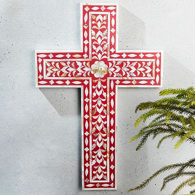 Jodhpur Mother of Pearl Wall Cross, Burgundy