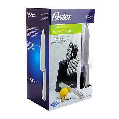 Oster Cocina Wellisford 14 Piece Stainless Steel Cutlery Set with Black Rubber Wood Block