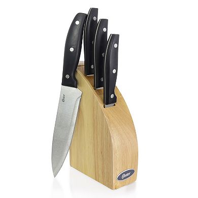 Oster Cocina Granger 5 Piece Stainless Steel Cutlery Knife Set with Half Moon Natural Wood Block