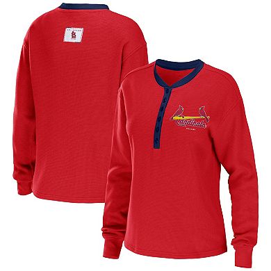 Women's WEAR by Erin Andrews Red St. Louis Cardinals Waffle Henley Long Sleeve T-Shirt