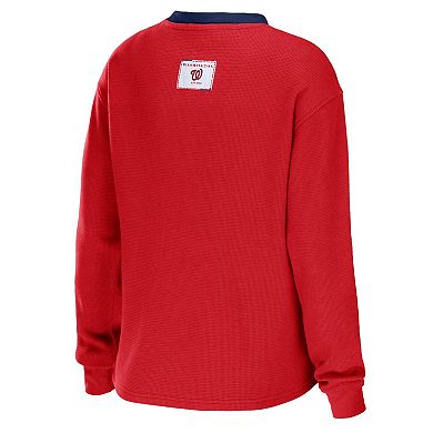 Women's WEAR by Erin Andrews Red Washington Nationals Waffle Henley Long Sleeve T-Shirt