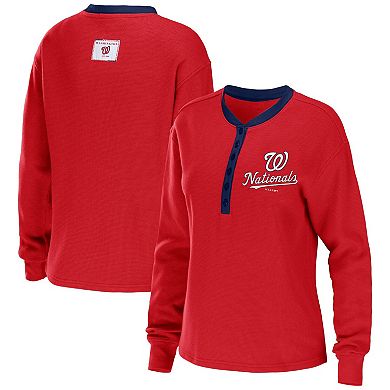 Women's WEAR by Erin Andrews Red Washington Nationals Waffle Henley Long Sleeve T-Shirt