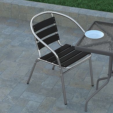 Emma and Oliver Aluminum Commercial Indoor-Outdoor Restaurant Stack Chair with Triple Slat Faux Teak Back