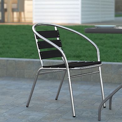 Emma and Oliver Aluminum Commercial Indoor-Outdoor Restaurant Stack Chair with Triple Slat Faux Teak Back