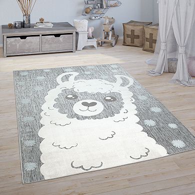 Kids Rug Llama Motif with Contour Cut in Mottled Grey